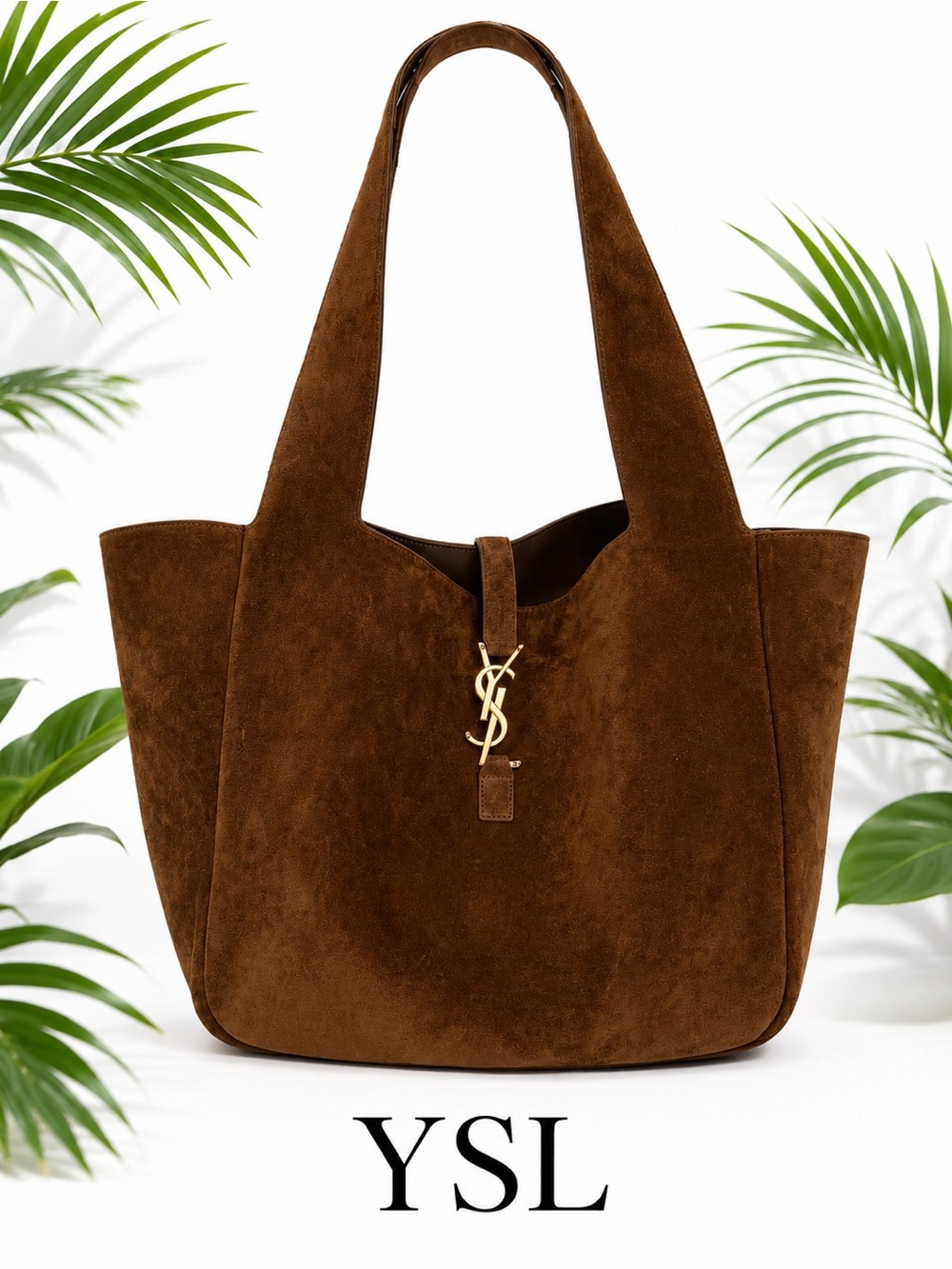 YSL Saint Laurent Le 5 a 7 Bea Tote Bag Brown Caramel Cognac Suede Leather Gold